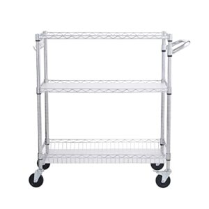 VEVOR Kitchen Utility Cart, 3 Tiers, Wire Rolling Cart with 661 LBS Capacity, Steel Service Cart on Wheels, Metal Storage Trolley with 80 mm Deep Basket Curved Handle PP Liner 6 Hooks, NSF Listed