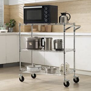 VEVOR Kitchen Utility Cart, 3 Tiers, Wire Rolling Cart with 661 LBS Capacity, Steel Service Cart on Wheels, Metal Storage Trolley with 80 mm Deep Basket Curved Handle PP Liner 6 Hooks, NSF Listed