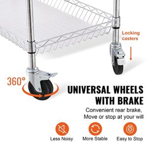 VEVOR Kitchen Utility Cart, 3 Tiers, Wire Rolling Cart with 661 LBS Capacity, Steel Service Cart on Wheels, Metal Storage Trolley with 80 mm Deep Basket Curved Handle PP Liner 6 Hooks, NSF Listed