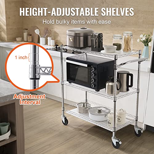 VEVOR Kitchen Utility Cart, 3 Tiers, Wire Rolling Cart with 661 LBS Capacity, Steel Service Cart on Wheels, Metal Storage Trolley with 80 mm Deep Basket Curved Handle PP Liner 6 Hooks, NSF Listed