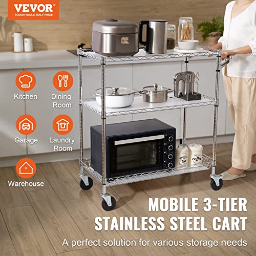 VEVOR Kitchen Utility Cart, 3 Tiers, Wire Rolling Cart with 661 LBS Capacity, Steel Service Cart on Wheels, Metal Storage Trolley with 80 mm Deep Basket Curved Handle PP Liner 6 Hooks, NSF Listed