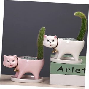HANABASS Decoration Animal Lovely Tail Pink Decor Gift and Saucer Office Cat Desktop Planter Plant Shaped Drainage Bonsai Flowerpot Mini Panda Pots with for Statue Decorative Pot Home Tray