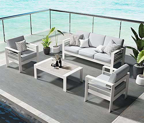 Outdoor Aluminum Furniture Set, 4 Pieces Patio Sectional Conversation Chat Sofa Modern Seating Set with Coffee Table