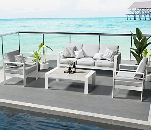 Outdoor Aluminum Furniture Set, 4 Pieces Patio Sectional Conversation Chat Sofa Modern Seating Set with Coffee Table