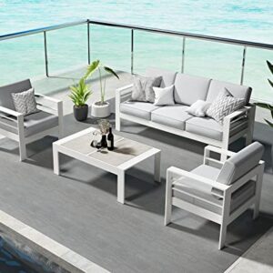 Outdoor Aluminum Furniture Set, 4 Pieces Patio Sectional Conversation Chat Sofa Modern Seating Set with Coffee Table