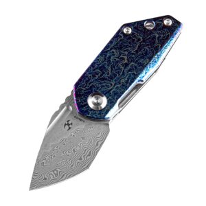 kansept k3044d2 rio mini pocket knife, folding knife for edc with 1.56'' damascus drop point blade and timascus handle, mini flipper for everyday carry