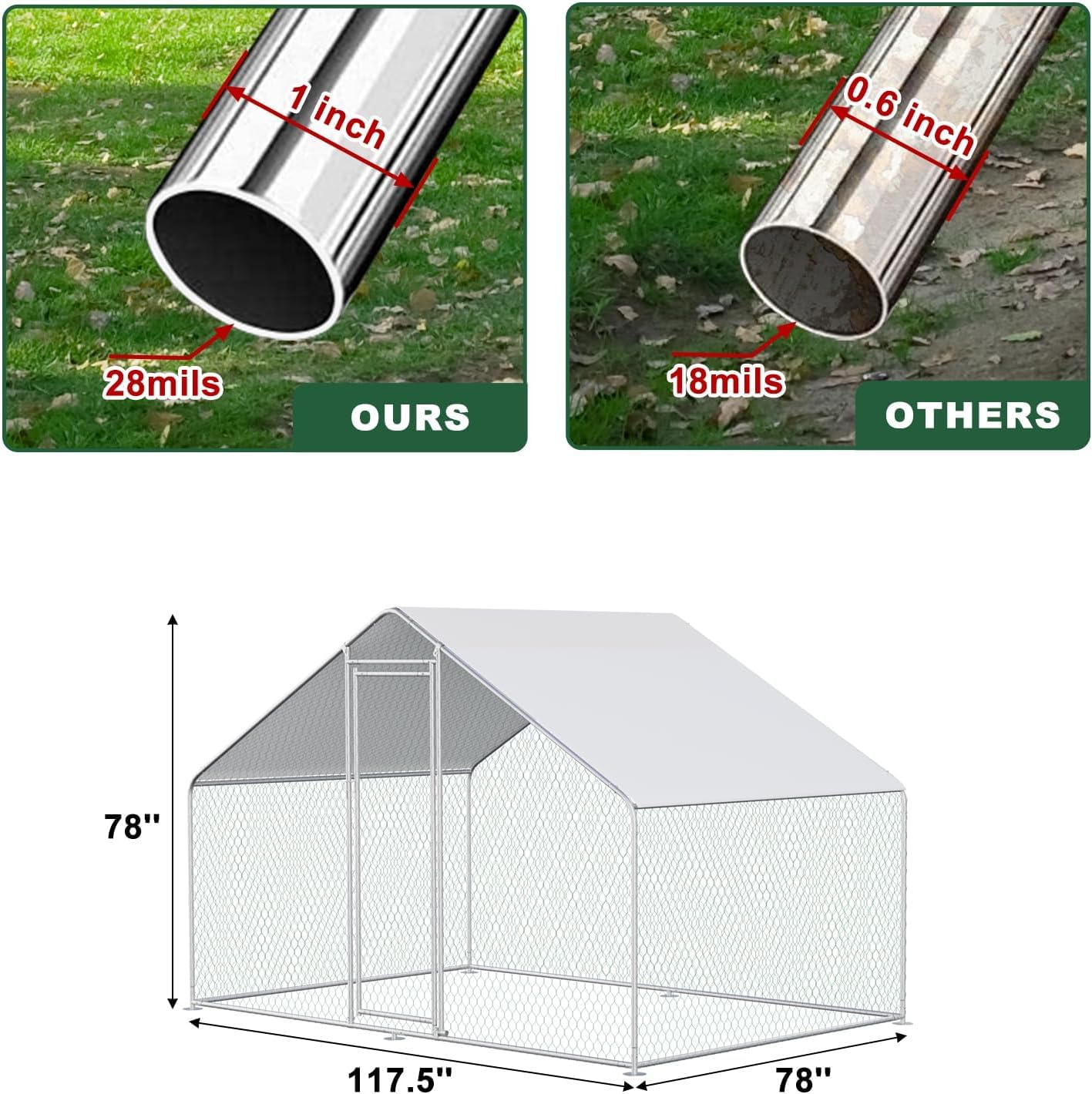 Chicken Coop Large Metal Chicken House/Pen for 6/10 Chickens Poultry Cage with Waterproof Cover for Rabbits Duck Walk-in Chicken Run for Yard Outdoor