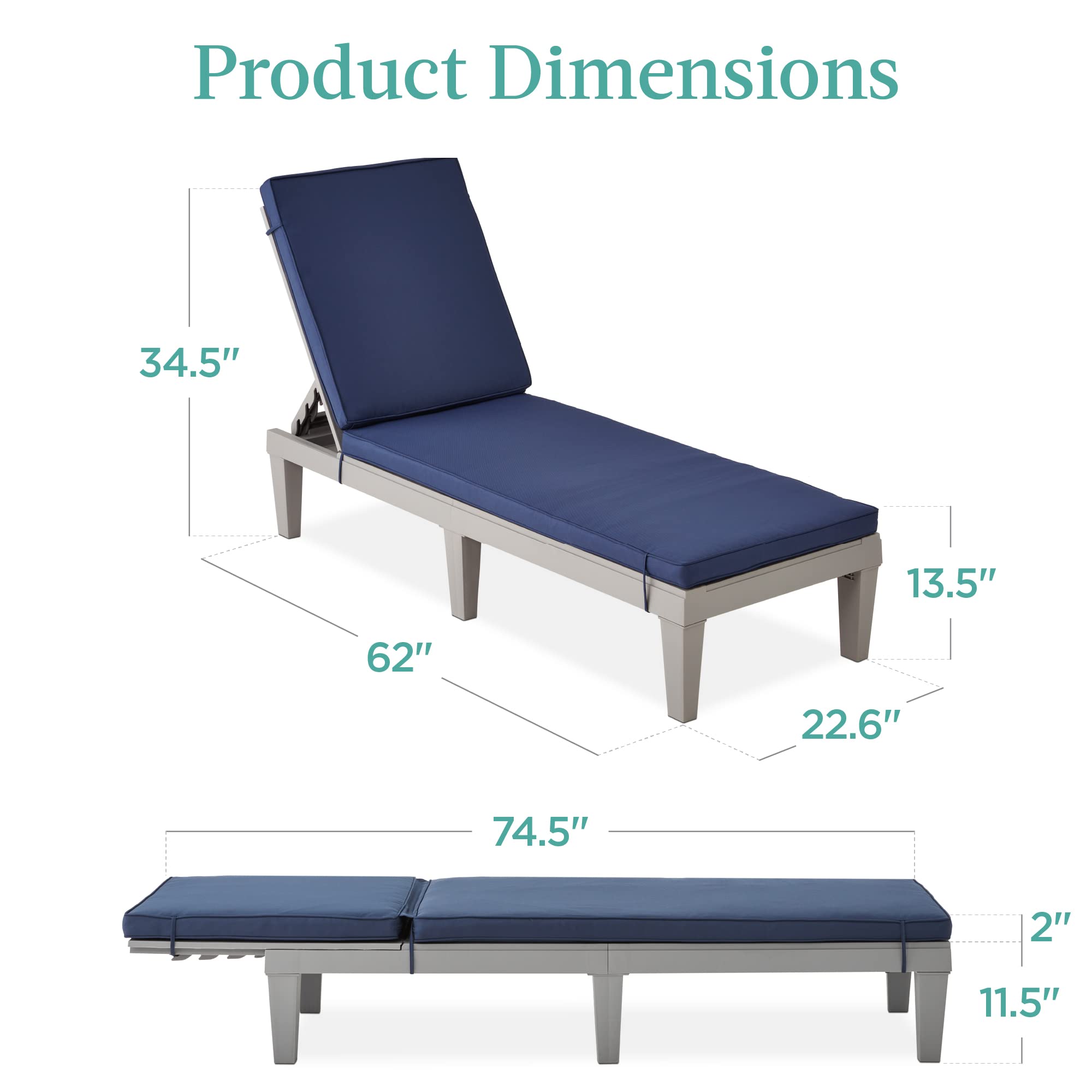 Best Choice Products Outdoor Lounge Chair, Resin Patio Chaise Lounger for Poolside, Backyard, Porch w/Seat Cushion, Adjustable Backrest, 5 Positions, 330lb Capacity - Gray/Navy