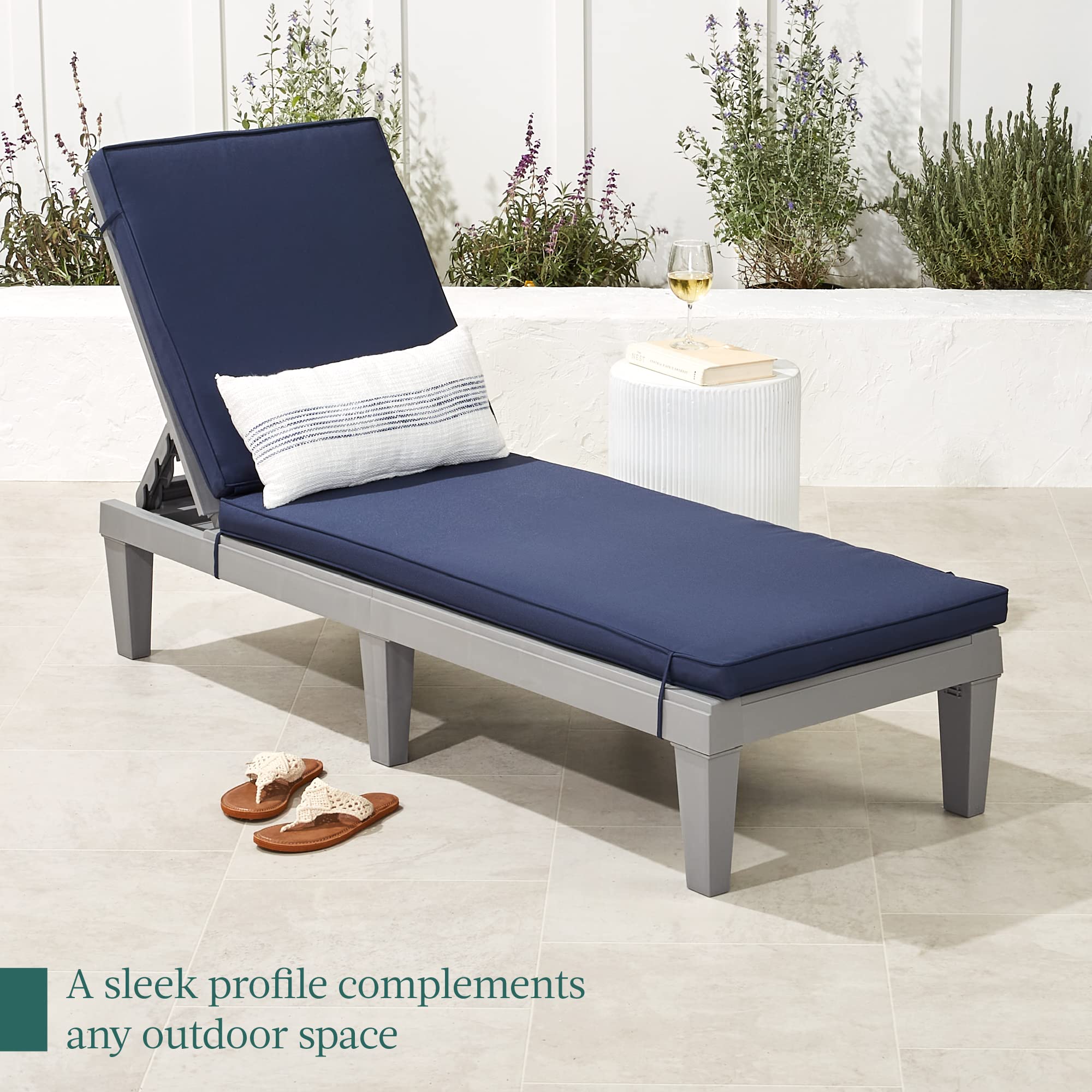 Best Choice Products Outdoor Lounge Chair, Resin Patio Chaise Lounger for Poolside, Backyard, Porch w/Seat Cushion, Adjustable Backrest, 5 Positions, 330lb Capacity - Gray/Navy