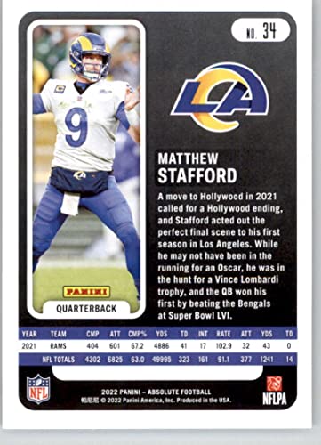 2022 Panini Absolute #34 Matthew Stafford Los Angeles Rams Football Trading Card