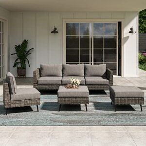 lausaint home outdoor patio furniture, 6 piece outdoor sectional sofa pe rattan wicker patio conversation sets,all weather patio furniture set with thick cushions for garden, poolside, backyard (grey)