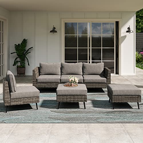 LAUSAINT HOME Outdoor Patio Furniture, 6 Piece Outdoor Sectional Sofa PE Rattan Wicker Patio Conversation Sets,All Weather Patio Furniture Set with Thick Cushions for Garden, Poolside, Backyard (Grey)