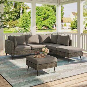 LAUSAINT HOME Outdoor Patio Furniture, 6 Piece Outdoor Sectional Sofa PE Rattan Wicker Patio Conversation Sets,All Weather Patio Furniture Set with Thick Cushions for Garden, Poolside, Backyard (Grey)