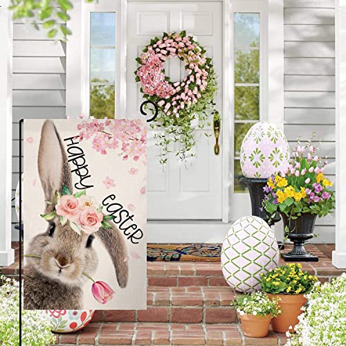 Easter Bunny Garden Flag 12x18 Vertical Double Sided Gray Rabbit Spring Floral Tulip Farmhouse Holiday Outside Decorations Burlap Yard Flag BW278