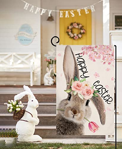 Easter Bunny Garden Flag 12x18 Vertical Double Sided Gray Rabbit Spring Floral Tulip Farmhouse Holiday Outside Decorations Burlap Yard Flag BW278