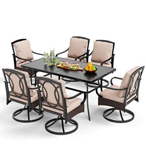 phi villa outdoor patio dining table and chairs set, heavy duty 7 piece patio dining set for 6-6 extra large patio swivel chairs, 1 rectangular 65"x 35"x29" patio metal umbrella table