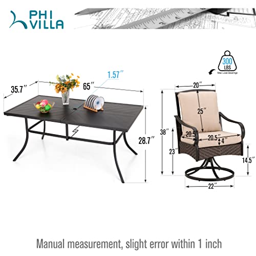 PHI VILLA Outdoor Patio Dining Table and Chairs Set, Heavy Duty 7 Piece Patio Dining Set for 6-6 Extra Large Patio Swivel Chairs, 1 Rectangular 65"x 35"x29" Patio Metal Umbrella Table