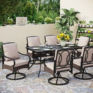 PHI VILLA Outdoor Patio Dining Table and Chairs Set, Heavy Duty 7 Piece Patio Dining Set for 6-6 Extra Large Patio Swivel Chairs, 1 Rectangular 65"x 35"x29" Patio Metal Umbrella Table