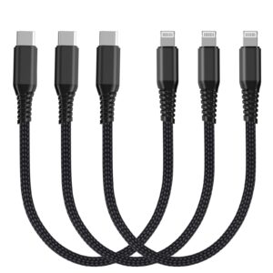 [apple mfi certified] short usb-c to lightning cable (3pack 0.6ft), iphone fast charger power delivery charging nylon braided cord high speed data sync for iphone 14 13 12 11pro xs xr x 8 ipad (black)