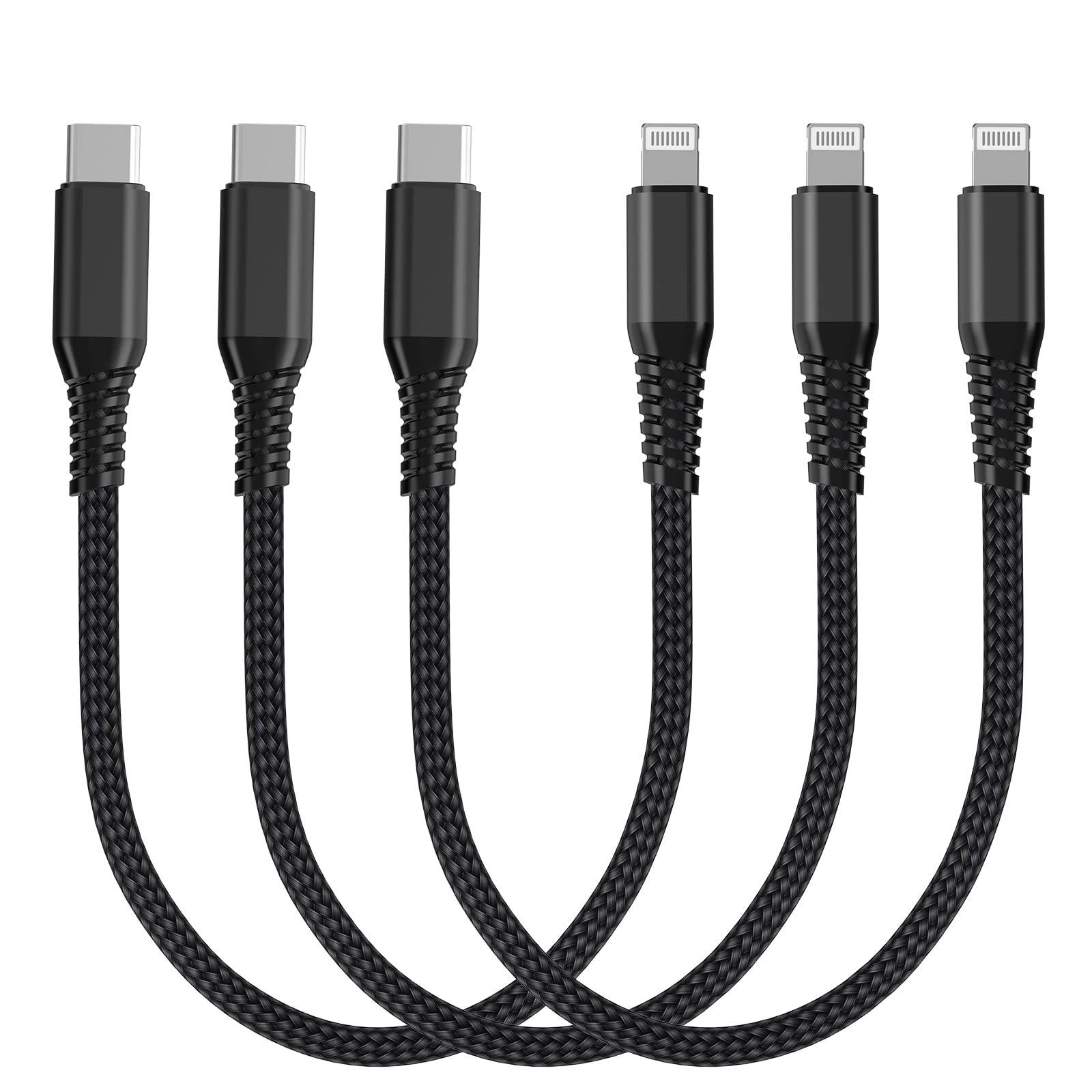 [Apple MFi Certified] Short USB-C to Lightning Cable (3Pack 0.6FT), iPhone Fast Charger Power Delivery Charging Nylon Braided Cord High Speed Data Sync for iPhone 14 13 12 11Pro XS XR X 8 iPad (Black)