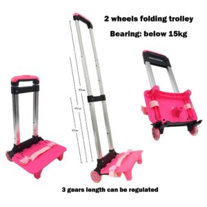 Backpack Hand Truck Wheeled Cart Trolley Hand Aluminium Alloy Folding Trolley Cart for Schoolbag/Backpack (Pink with Two Wheels)