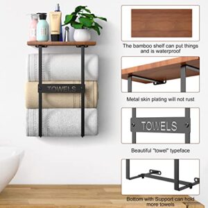 BSSOYAMM Towel Racks for Bathroom Wall Mounted, Metal Towel Holder with Wooden Shelf, Rolled Bath Towel and Hand Towel Storage Organizer for Small Bathroom