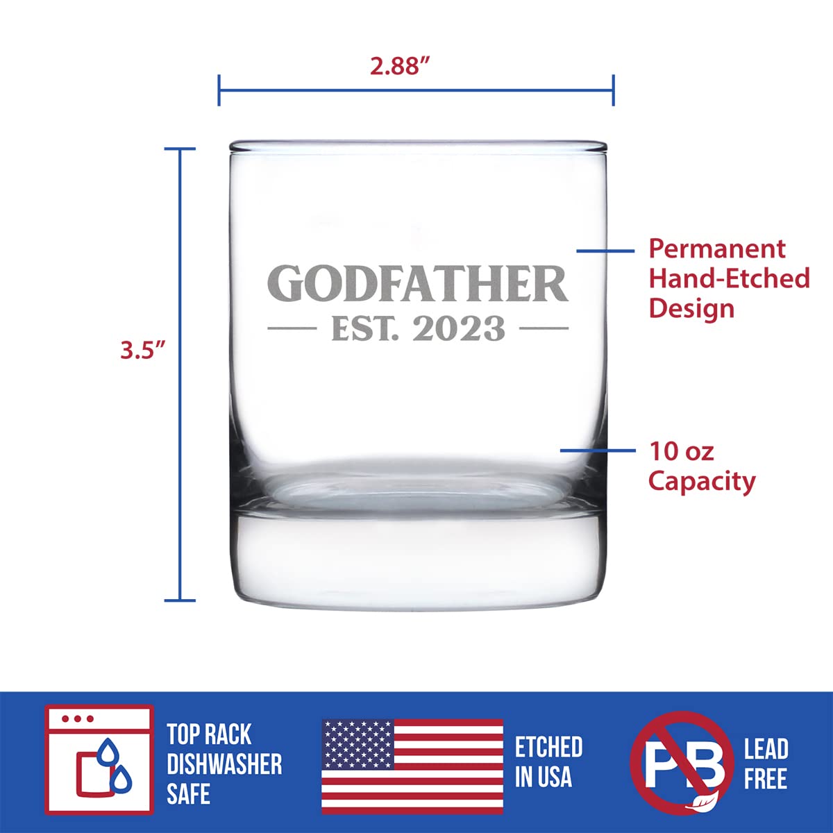 Godfather Est 2023 - New Godfather Whiskey Rocks Glass Proposal Gift for First Time Godparents - Bold 10.25 Oz Glasses