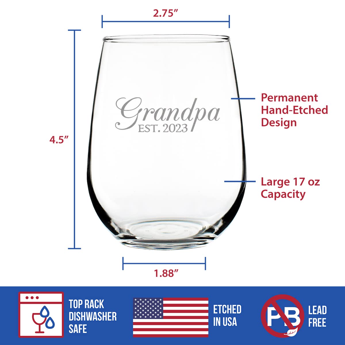 Grandpa Est 2023 - New Grandfather Stemless Wine Glass Gift for First Time Grandparents - Decorative 17 Oz Large Glasses