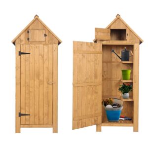 outdoor storage cabinet, garden wood tool shed, outside wooden shed closet with shelves and latch for yard, patio, deck and porch