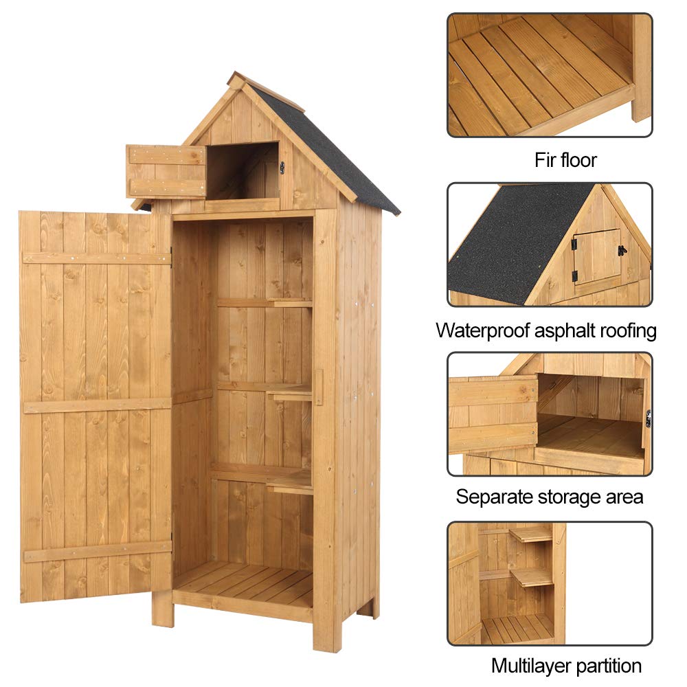 Outdoor Storage Cabinet, Garden Wood Tool Shed, Outside Wooden Shed Closet with Shelves and Latch for Yard, Patio, Deck and Porch