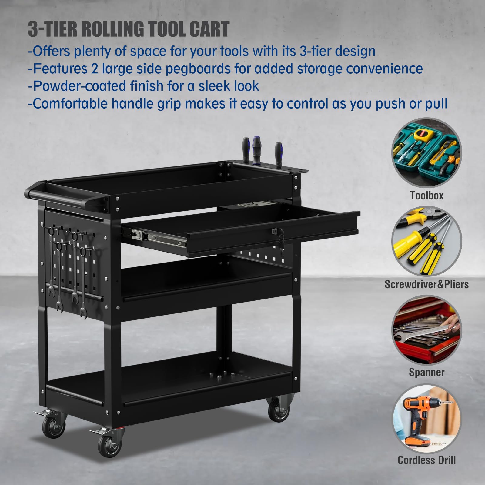 Big Tool Cart,4-Wheel Tool Cart,Rolling Tool Cart,Big Tool Storage Cart,Tool Cart with Ball-Bearing Slides,Tool Cart&Tool Chest for Garage and Warehouse (Black)
