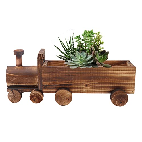 Sempoda Creative Wooden Plants Flower Pot for Succulent Plants, Cartoon Train Shape Planter Container Bonsai, Cute Rustic Landscape Ornament for Desk Garden Home Office Balcony Courtyard Decor