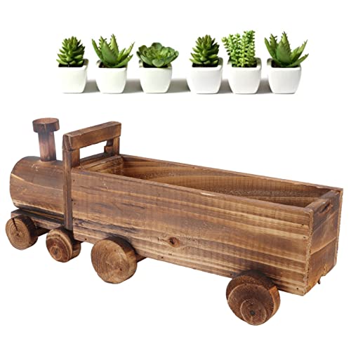 Sempoda Creative Wooden Plants Flower Pot for Succulent Plants, Cartoon Train Shape Planter Container Bonsai, Cute Rustic Landscape Ornament for Desk Garden Home Office Balcony Courtyard Decor