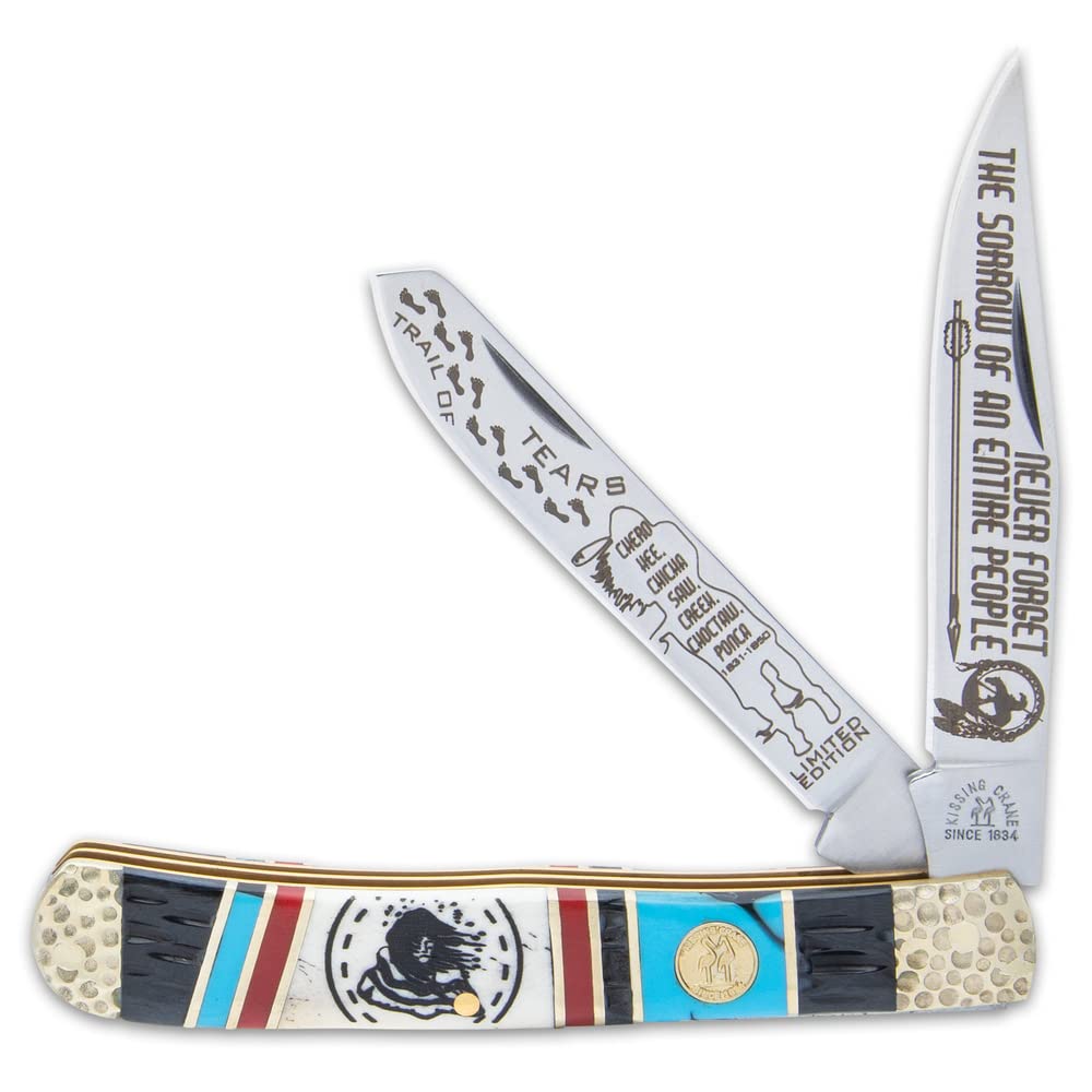 Kissing Crane Trapper Knife = Trail of Tears | Pocket Knife for Men | Native American Collectible |440 Stainless Steel Blades | Bone Handle Scales | Hammered Bolsters | Serialized & Limited Edition | Closed 4"