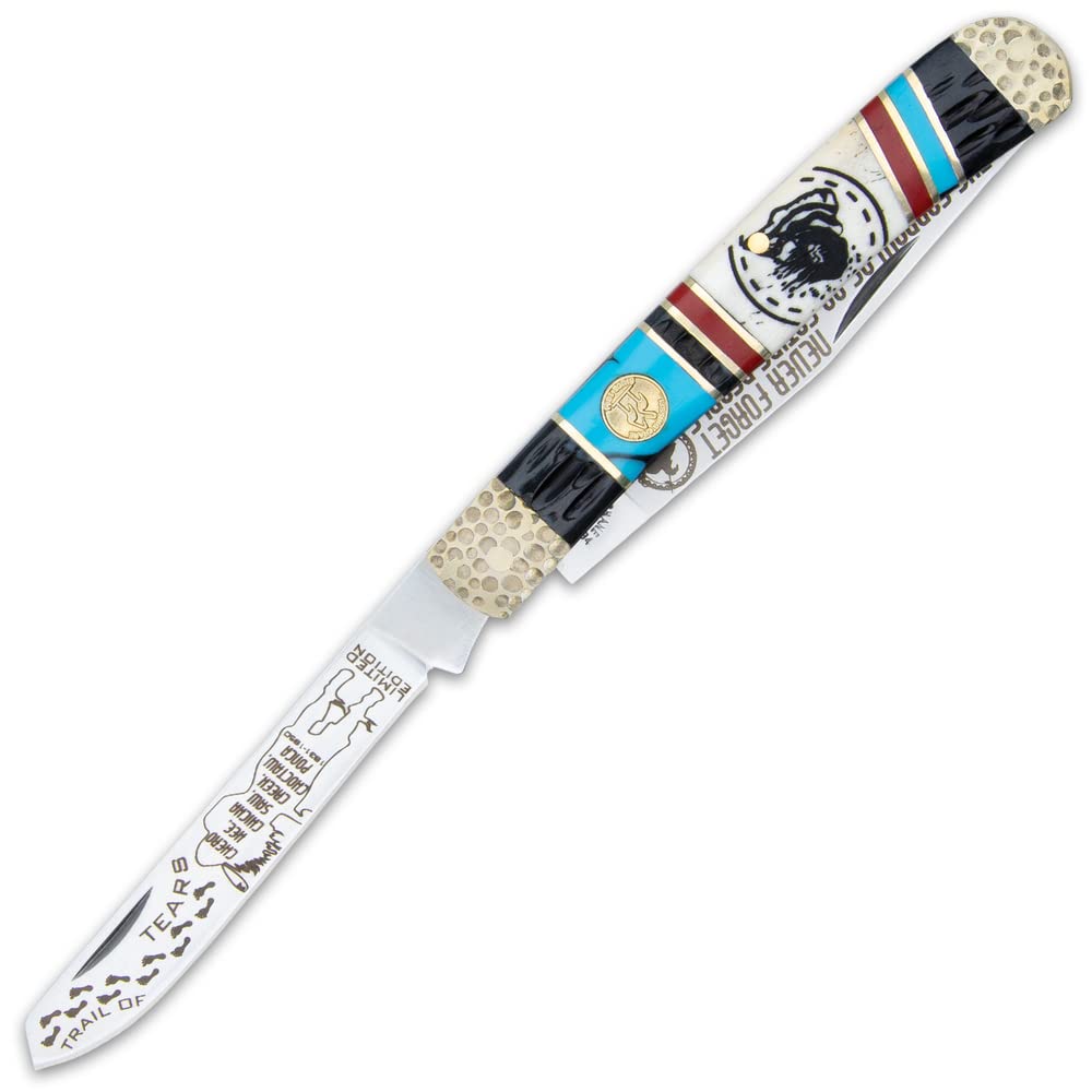 Kissing Crane Trapper Knife = Trail of Tears | Pocket Knife for Men | Native American Collectible |440 Stainless Steel Blades | Bone Handle Scales | Hammered Bolsters | Serialized & Limited Edition | Closed 4"