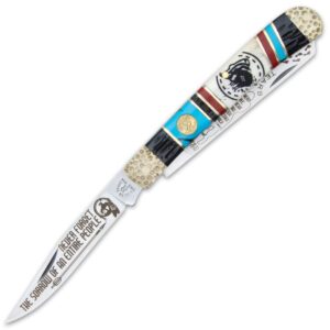 Kissing Crane Trapper Knife = Trail of Tears | Pocket Knife for Men | Native American Collectible |440 Stainless Steel Blades | Bone Handle Scales | Hammered Bolsters | Serialized & Limited Edition | Closed 4"