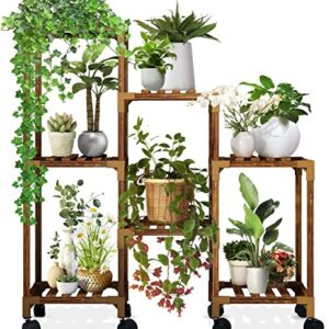 Qilebi Plant Stand Indoor With Wheels, Wood Outdoor Plant Stand for Multiple Plants, 9 Tier Ladder Plant Holder Table Plant Pot Stand for Garden, Balcony, Living Room, Corner, Front & Back Yard