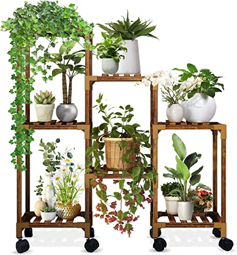 Qilebi Plant Stand Indoor With Wheels, Wood Outdoor Plant Stand for Multiple Plants, 9 Tier Ladder Plant Holder Table Plant Pot Stand for Garden, Balcony, Living Room, Corner, Front & Back Yard