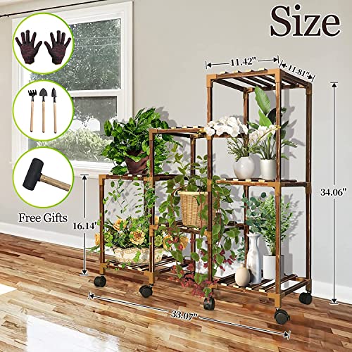 Qilebi Plant Stand Indoor With Wheels, Wood Outdoor Plant Stand for Multiple Plants, 9 Tier Ladder Plant Holder Table Plant Pot Stand for Garden, Balcony, Living Room, Corner, Front & Back Yard