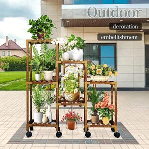 Qilebi Plant Stand Indoor With Wheels, Wood Outdoor Plant Stand for Multiple Plants, 9 Tier Ladder Plant Holder Table Plant Pot Stand for Garden, Balcony, Living Room, Corner, Front & Back Yard