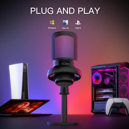 USB Microphone for PC,Computer Gaming Mic for PS4/ PS5/ Mac,Condenser Mic with Quick Mute,RGB Light,Pop Filter,Shock Mount,Gain knob & Monitoring Jack for Recording,Streaming,Podcasting,YouTube