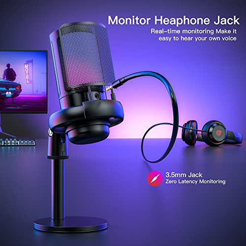 USB Microphone for PC,Computer Gaming Mic for PS4/ PS5/ Mac,Condenser Mic with Quick Mute,RGB Light,Pop Filter,Shock Mount,Gain knob & Monitoring Jack for Recording,Streaming,Podcasting,YouTube