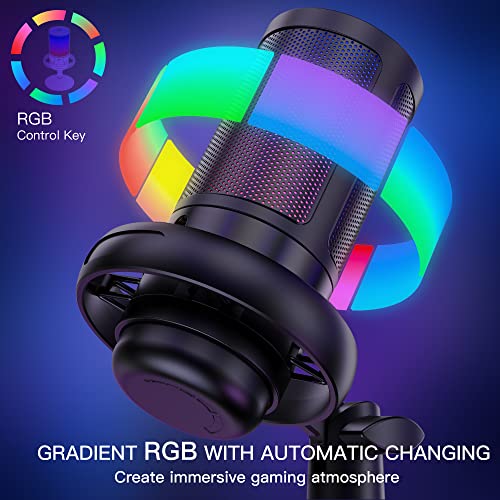 USB Microphone for PC,Computer Gaming Mic for PS4/ PS5/ Mac,Condenser Mic with Quick Mute,RGB Light,Pop Filter,Shock Mount,Gain knob & Monitoring Jack for Recording,Streaming,Podcasting,YouTube