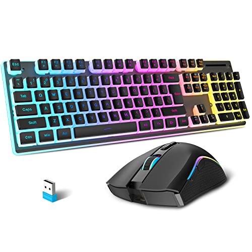 Wireless Gaming Keyboard and Mouse Combo,Translucent Pudding Keycap,3650mAh Rechargeable Battery,RGB Ergonomic Mechanical Feel Keyboard,4800 DPi Rainbow Led Mute Mouse 2.4G USB for PC/Mac(Black)