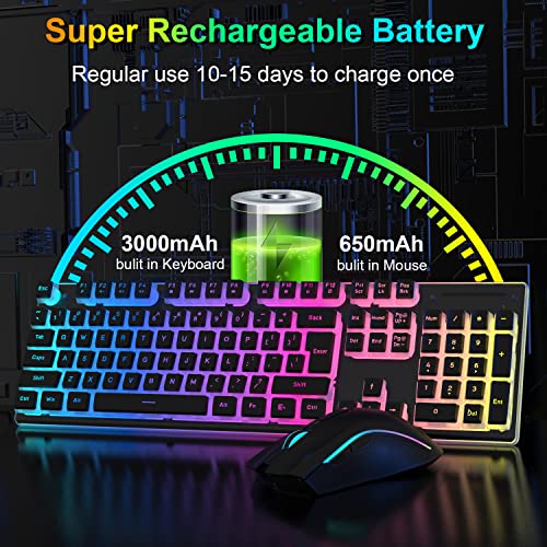 Wireless Gaming Keyboard and Mouse Combo,Translucent Pudding Keycap,3650mAh Rechargeable Battery,RGB Ergonomic Mechanical Feel Keyboard,4800 DPi Rainbow Led Mute Mouse 2.4G USB for PC/Mac(Black)