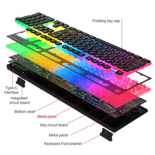 Wireless Gaming Keyboard and Mouse Combo,Translucent Pudding Keycap,3650mAh Rechargeable Battery,RGB Ergonomic Mechanical Feel Keyboard,4800 DPi Rainbow Led Mute Mouse 2.4G USB for PC/Mac(Black)