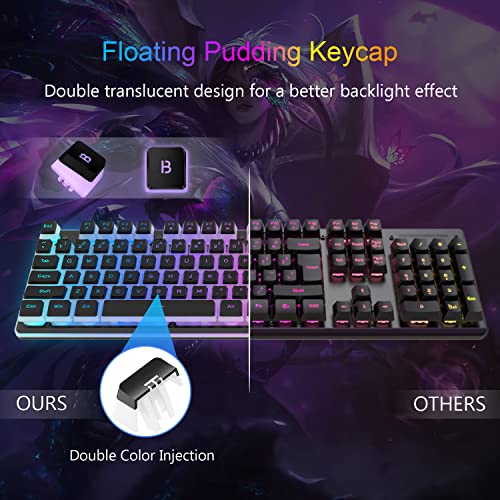 Wireless Gaming Keyboard and Mouse Combo,Translucent Pudding Keycap,3650mAh Rechargeable Battery,RGB Ergonomic Mechanical Feel Keyboard,4800 DPi Rainbow Led Mute Mouse 2.4G USB for PC/Mac(Black)