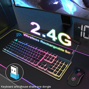 Wireless Gaming Keyboard and Mouse Combo,Translucent Pudding Keycap,3650mAh Rechargeable Battery,RGB Ergonomic Mechanical Feel Keyboard,4800 DPi Rainbow Led Mute Mouse 2.4G USB for PC/Mac(Black)