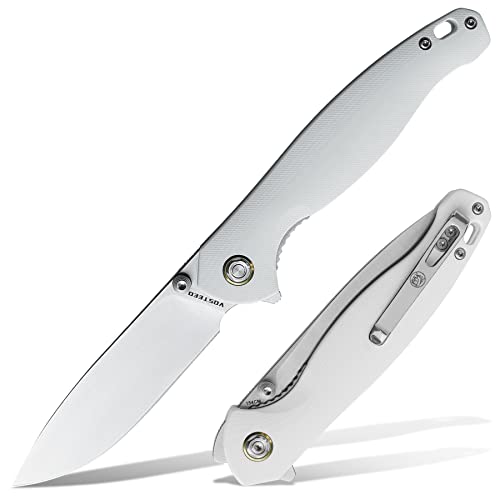 Vosteed Labrador Folding Knife Pocket Knife for Men with 3.74 inch 154CM Satin Blade, EDC Flipper Knife with White G10 Handle and Clip for Outdoor Camping