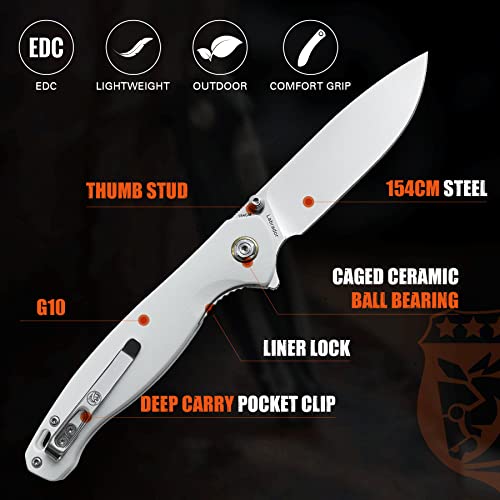 Vosteed Labrador Folding Knife Pocket Knife for Men with 3.74 inch 154CM Satin Blade, EDC Flipper Knife with White G10 Handle and Clip for Outdoor Camping